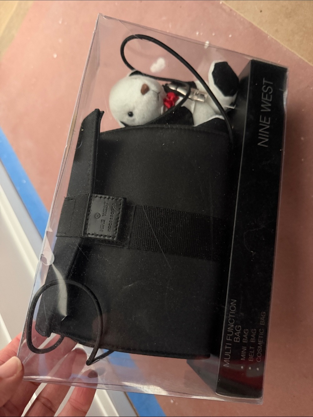 Nine West Black Mini Handbag with White Teddy Charm and Red Bow